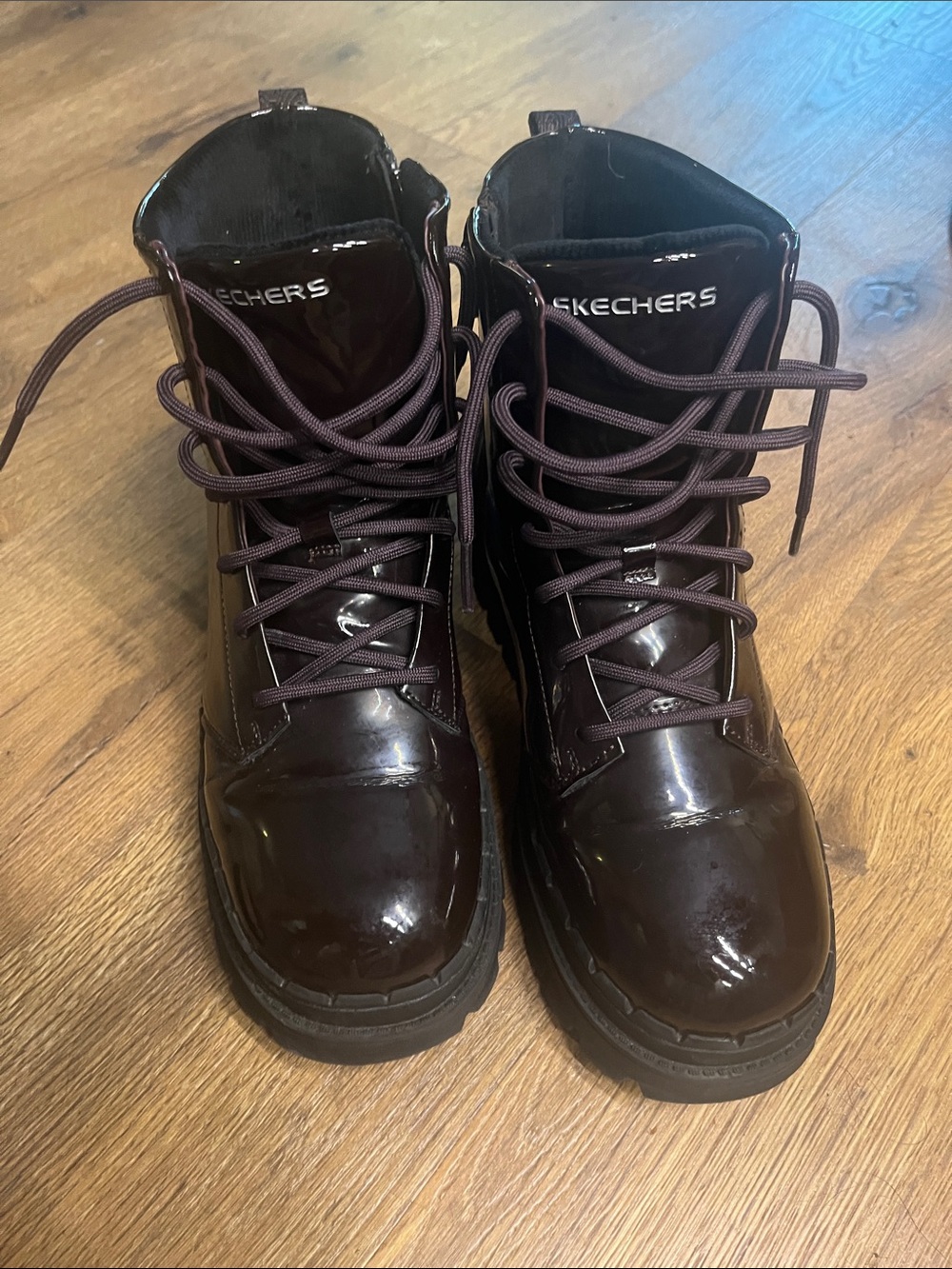 Skechers Patent Burgundy Lace-Up Platform Boots